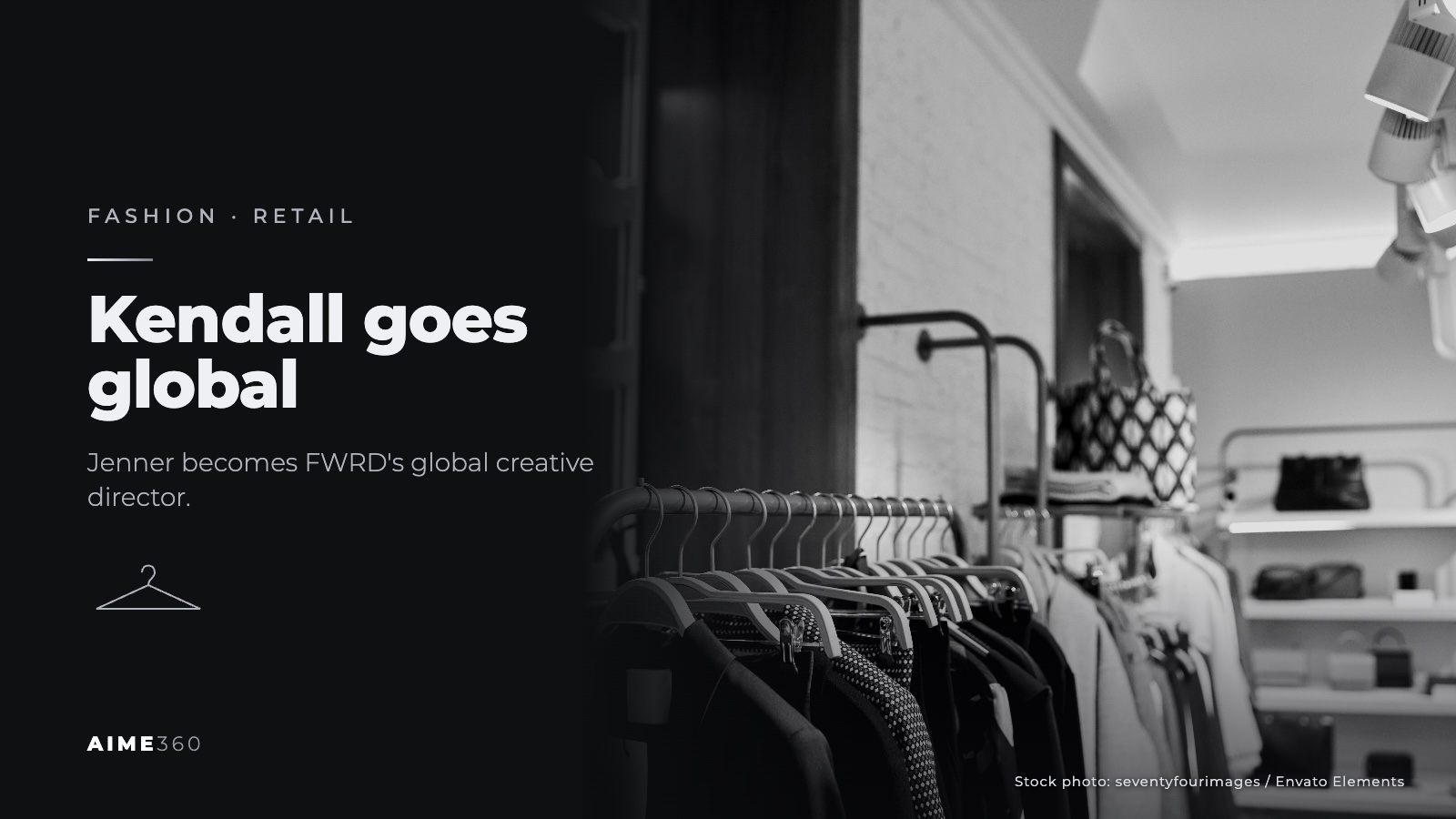 Clothes on racks in a boutique, in black and white, beside the headline Kendall goes global