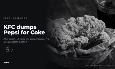 Fried chicken in a basket beside a glass of cola, in black and white, next to the headline KFC dumps Pepsi for Coke