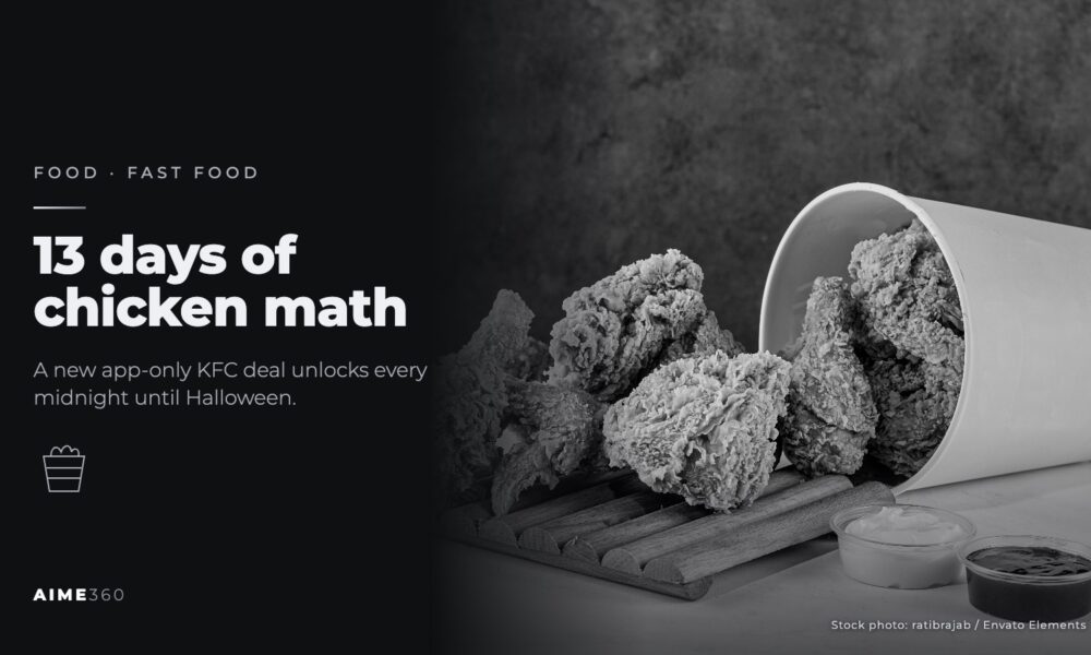 Fried chicken spilling from a paper bucket beside dipping sauces, in black and white, beside the headline 13 days of chicken math