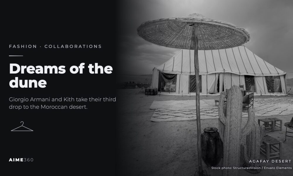 A tent and parasol at a desert camp in the Agafay Desert, in black and white, beside the headline Dreams of the dune