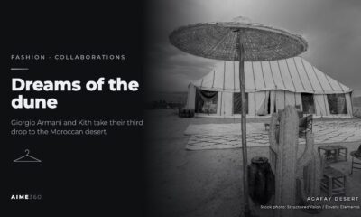 A tent and parasol at a desert camp in the Agafay Desert, in black and white, beside the headline Dreams of the dune