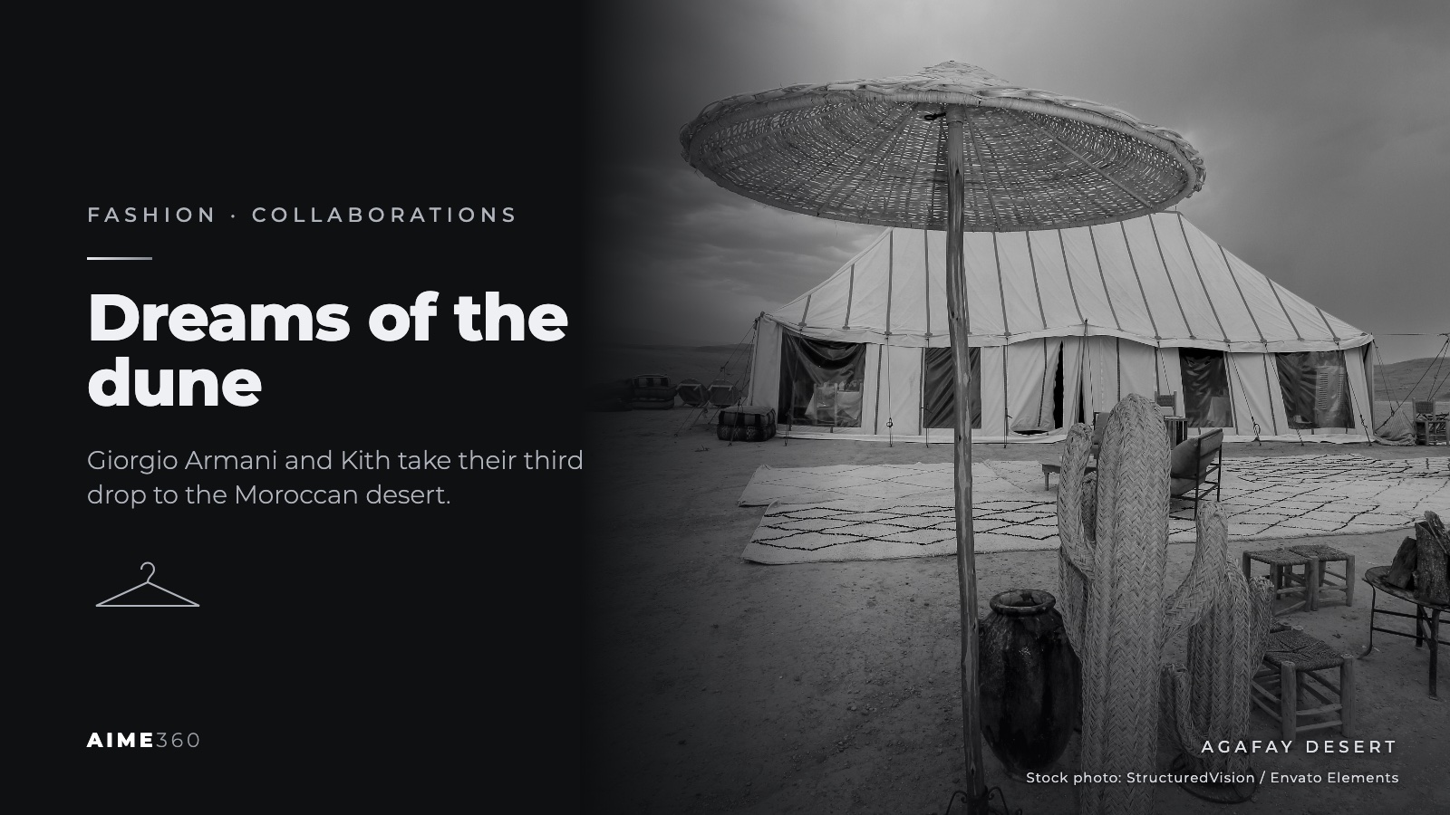 A tent and parasol at a desert camp in the Agafay Desert, in black and white, beside the headline Dreams of the dune