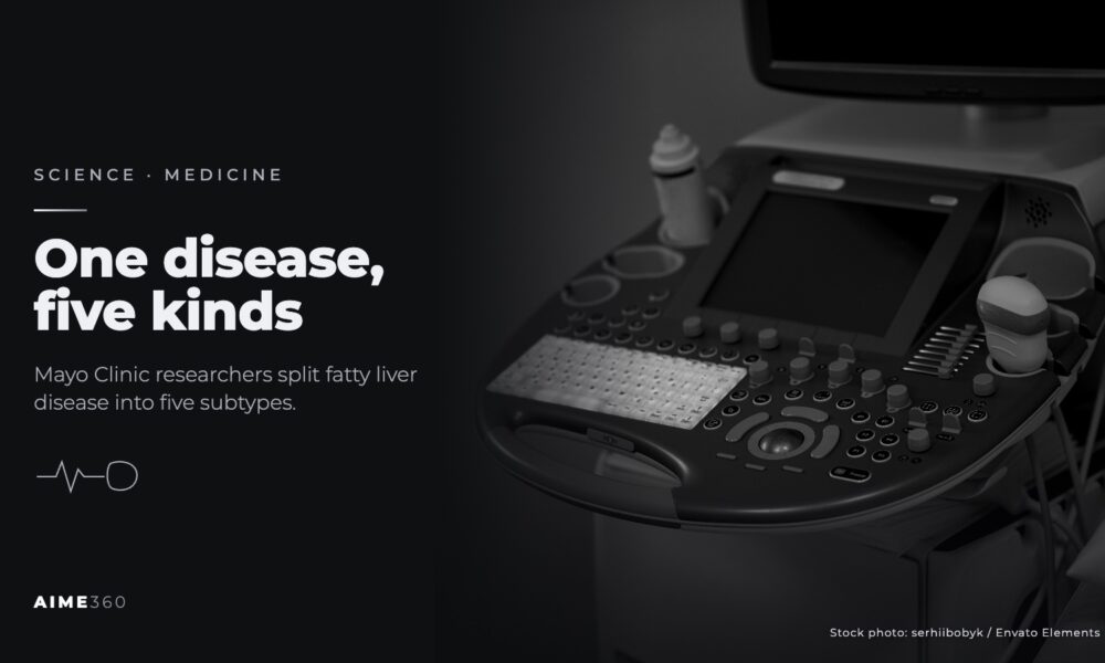 An ultrasound machine in a clinic, in black and white, beside the headline One disease, five kinds