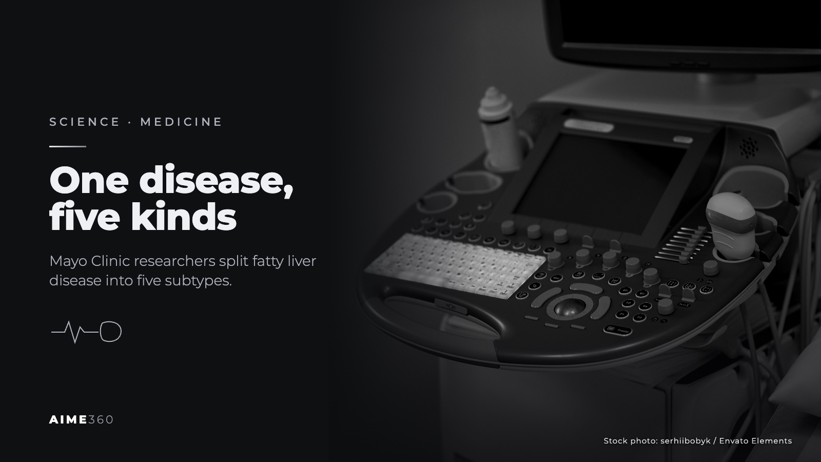 An ultrasound machine in a clinic, in black and white, beside the headline One disease, five kinds