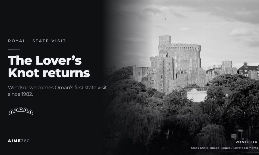 Windsor Castle's Round Tower above trees in black and white beside the headline The Lover's Knot returns