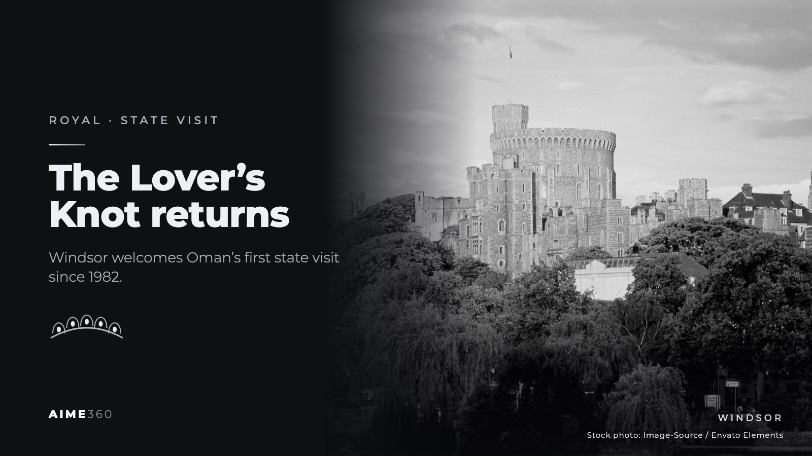 Windsor Castle's Round Tower above trees in black and white beside the headline The Lover's Knot returns