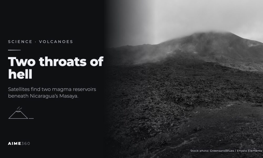 A barren volcano slope under cloud, in black and white, beside the headline Two throats of hell