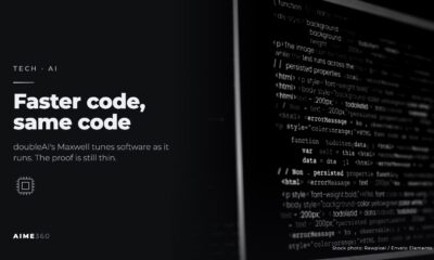 Lines of code on a dark screen, in black and white, beside the headline Faster code, same code