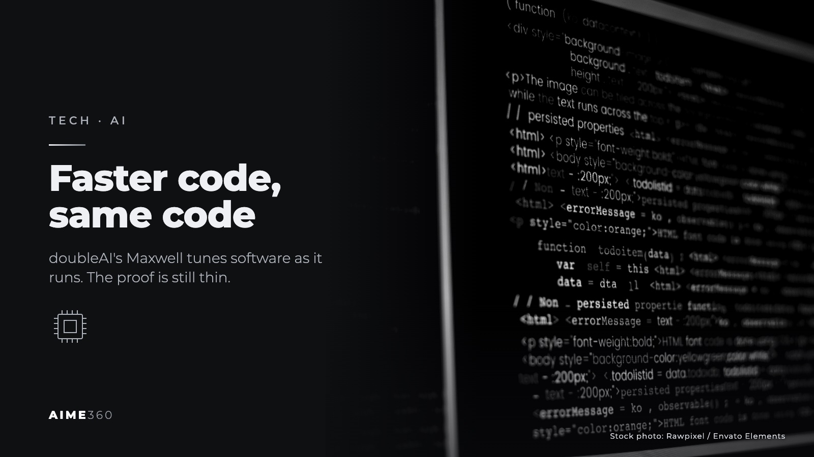 Lines of code on a dark screen, in black and white, beside the headline Faster code, same code