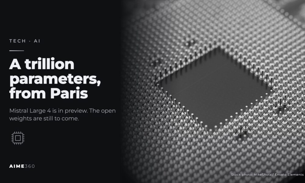 A macro view of a computer processor's pins, in black and white, beside the headline A trillion parameters, from Paris