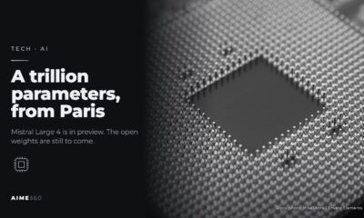 A macro view of a computer processor's pins, in black and white, beside the headline A trillion parameters, from Paris