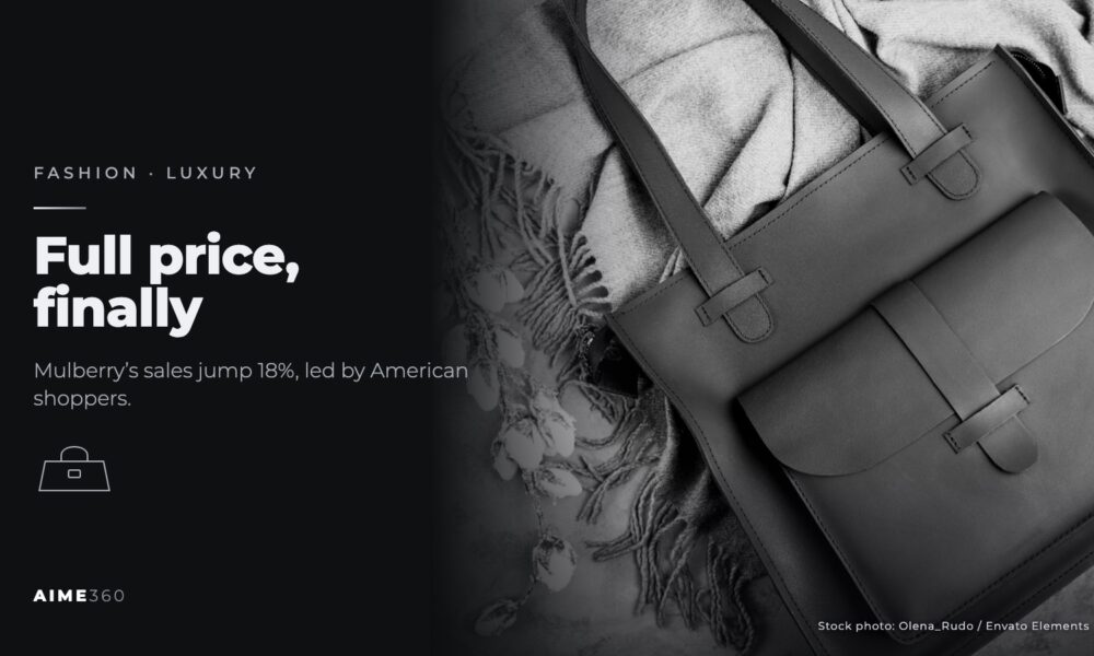 A leather tote bag on a scarf, in black and white, beside the headline Full price, finally