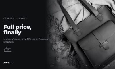A leather tote bag on a scarf, in black and white, beside the headline Full price, finally