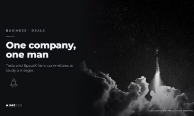 A rocket lifting off into a starry night sky, in black and white, beside the headline One company, one man