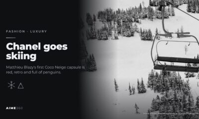 An empty chairlift above snowy pine trees, in black and white, beside the headline Chanel goes skiing