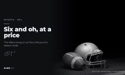 A football and helmet on a field under lights, in black and white, beside the headline Six and oh, at a price