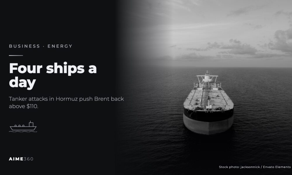 An oil tanker at sea seen from the air, in black and white, beside the headline Four ships a day