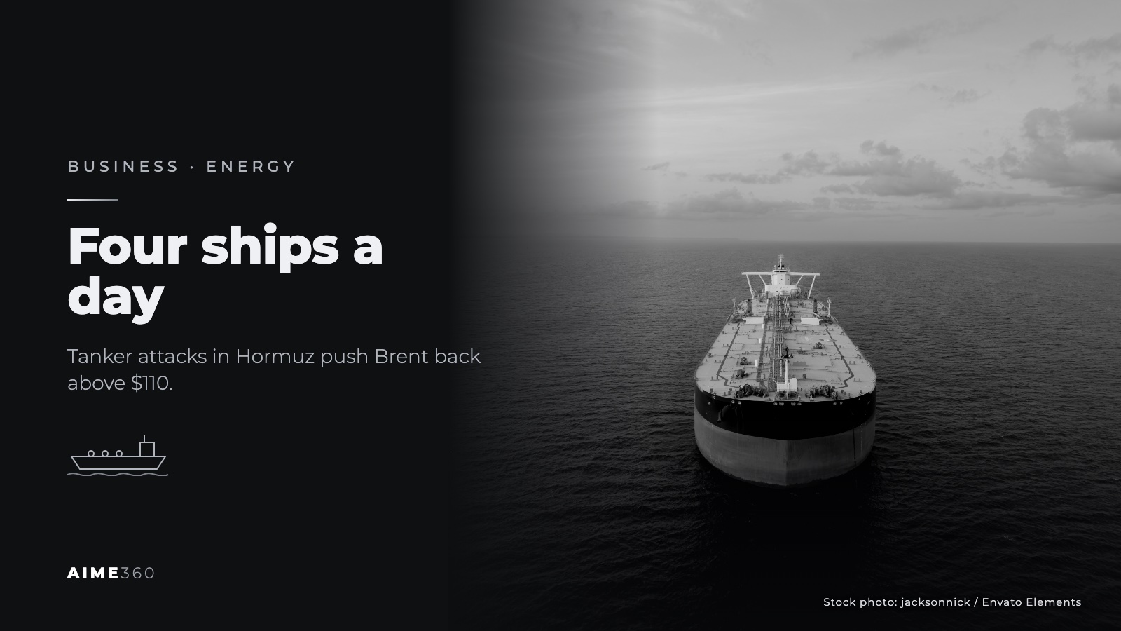 An oil tanker at sea seen from the air, in black and white, beside the headline Four ships a day