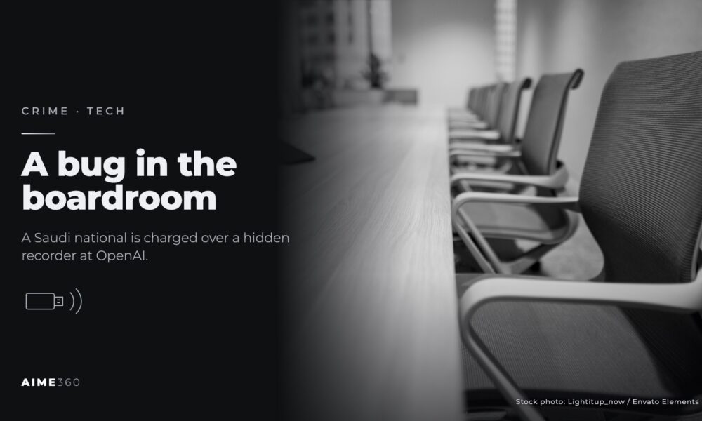An empty boardroom table lined with office chairs, in black and white, beside the headline A bug in the boardroom