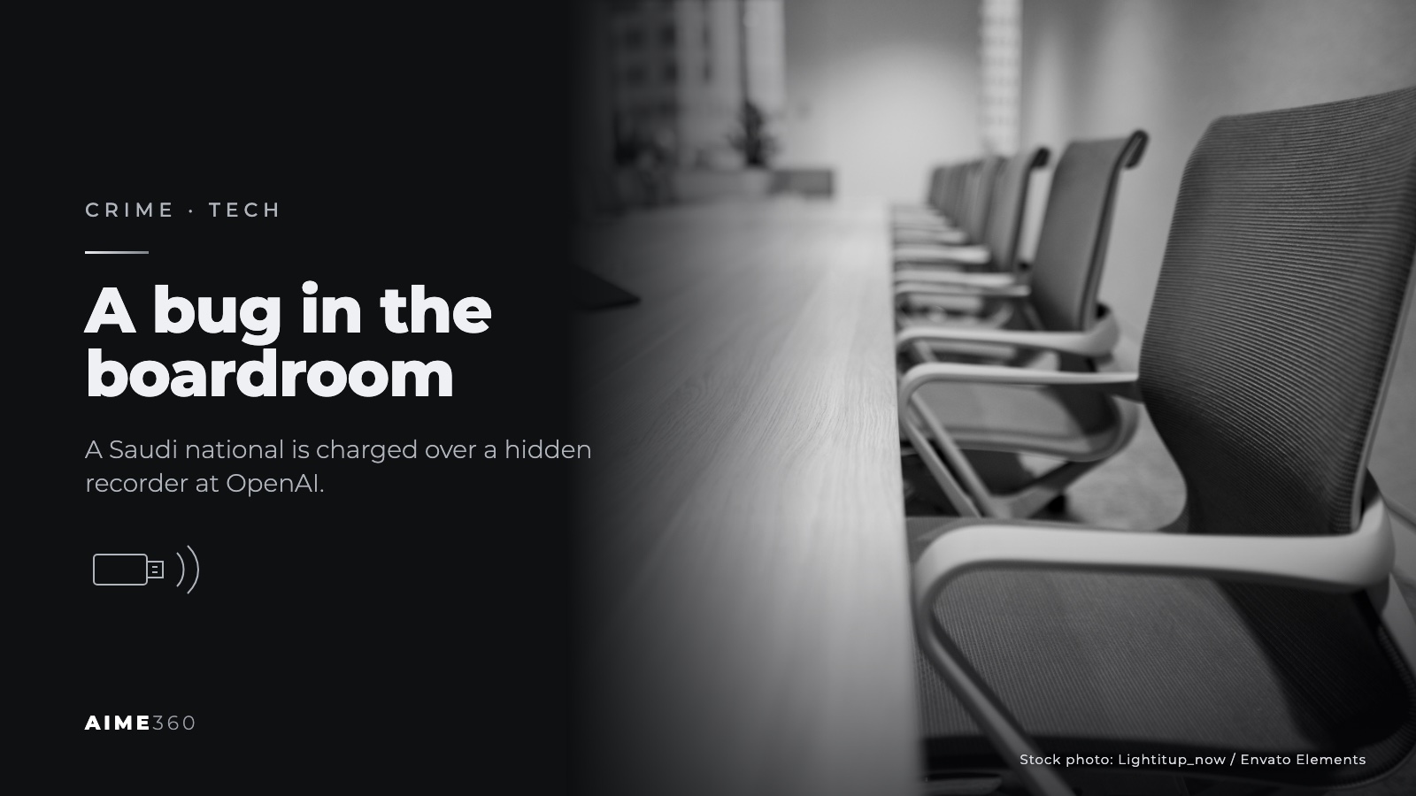 An empty boardroom table lined with office chairs, in black and white, beside the headline A bug in the boardroom