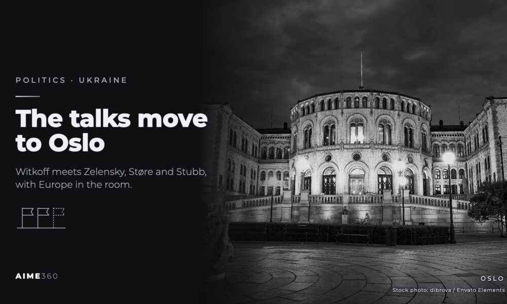 The Norwegian Parliament building lit at night, in black and white, beside the headline The talks move to Oslo