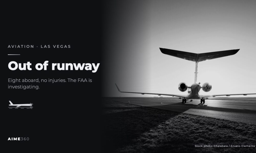 A private jet seen from behind on a runway at sunset in black and white beside the headline Out of runway