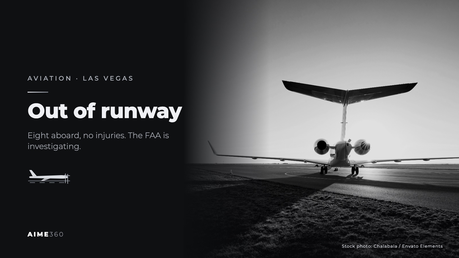 A private jet seen from behind on a runway at sunset in black and white beside the headline Out of runway