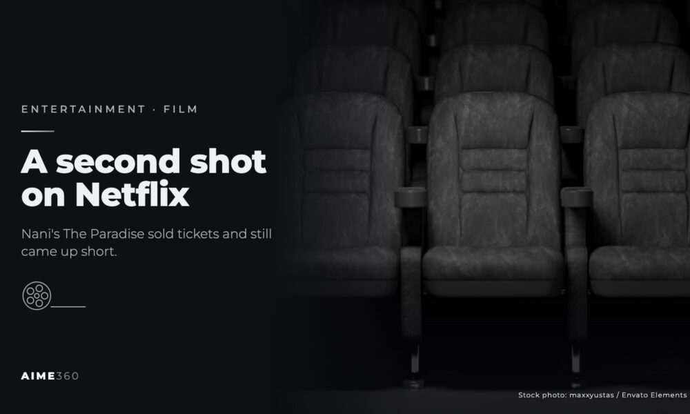 Rows of empty cinema seats, in black and white, beside the headline A second shot on Netflix