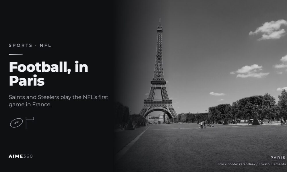 The Eiffel Tower above the Champ de Mars, in black and white, beside the headline Football, in Paris