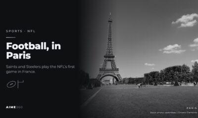 The Eiffel Tower above the Champ de Mars, in black and white, beside the headline Football, in Paris