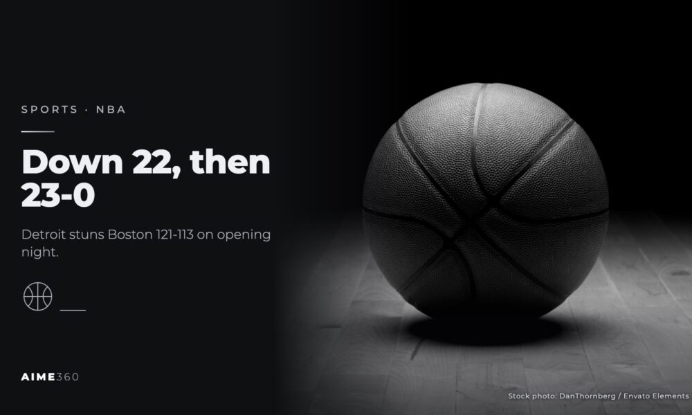 A basketball on a hardwood court under a spotlight, in black and white, beside the headline Down 22, then 23-0