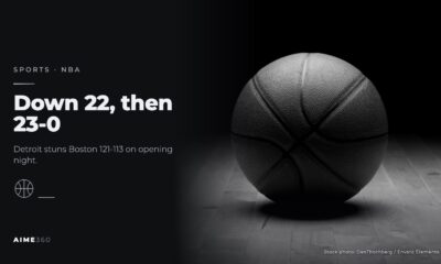 A basketball on a hardwood court under a spotlight, in black and white, beside the headline Down 22, then 23-0