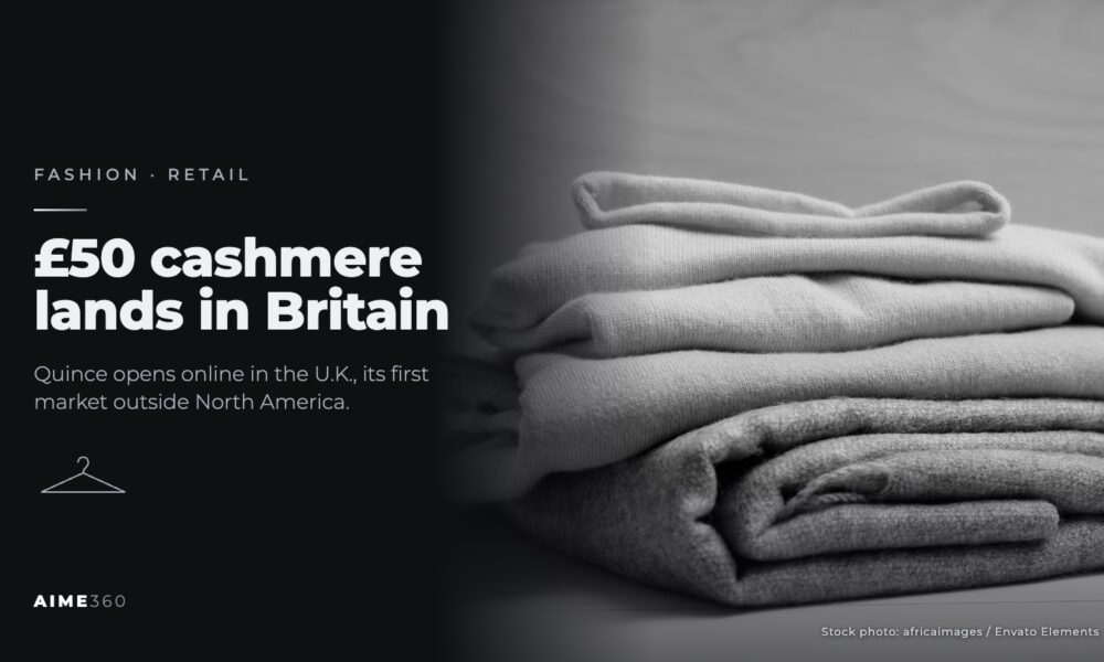 A stack of folded knit sweaters, in black and white, beside the headline £50 cashmere lands in Britain