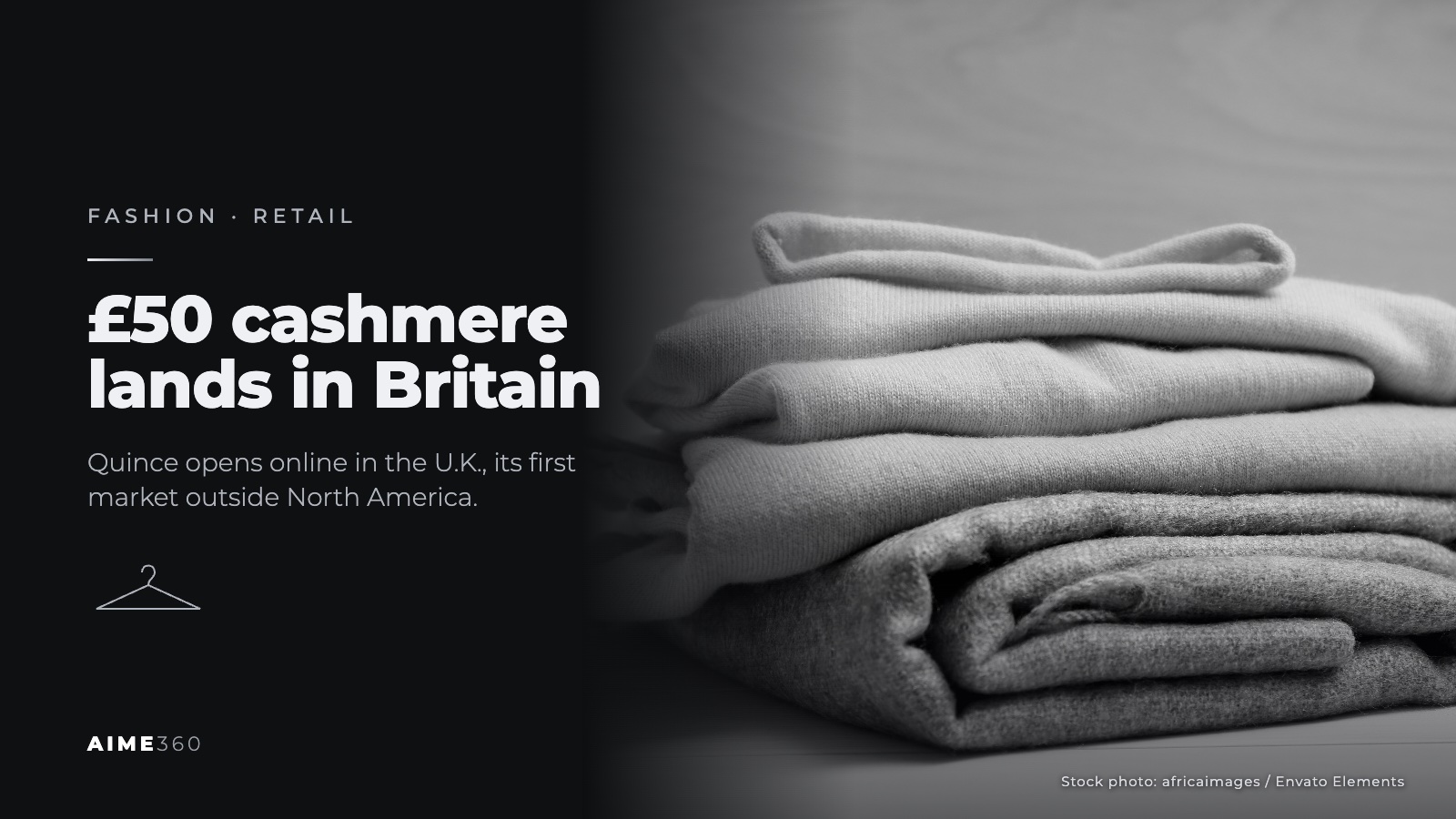 A stack of folded knit sweaters, in black and white, beside the headline £50 cashmere lands in Britain