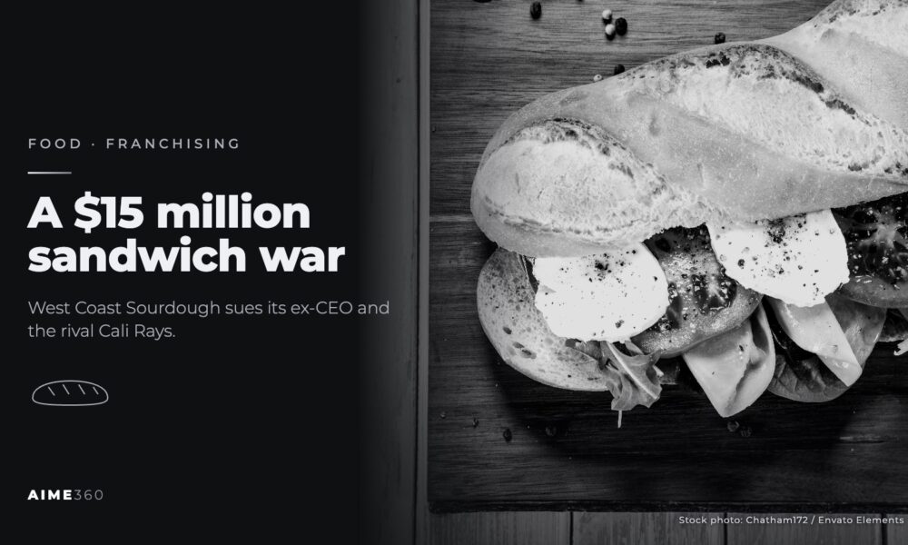 A baguette sandwich on a cutting board, in black and white, beside the headline A $15 million sandwich war