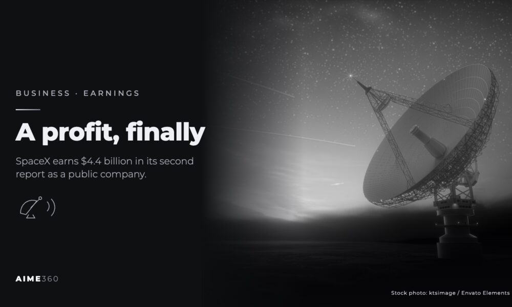 A radio telescope dish under a starry sky, in black and white, beside the headline A profit, finally