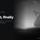 A radio telescope dish under a starry sky, in black and white, beside the headline A profit, finally