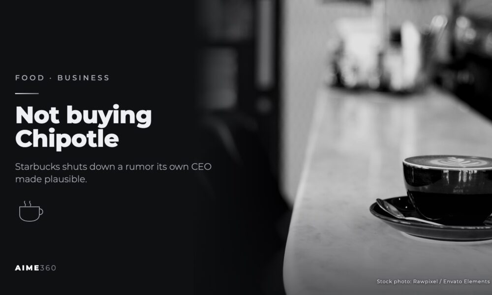 A cup of latte on a marble cafe counter, in black and white, beside the headline Not buying Chipotle