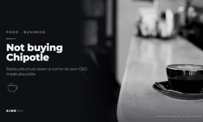 A cup of latte on a marble cafe counter, in black and white, beside the headline Not buying Chipotle