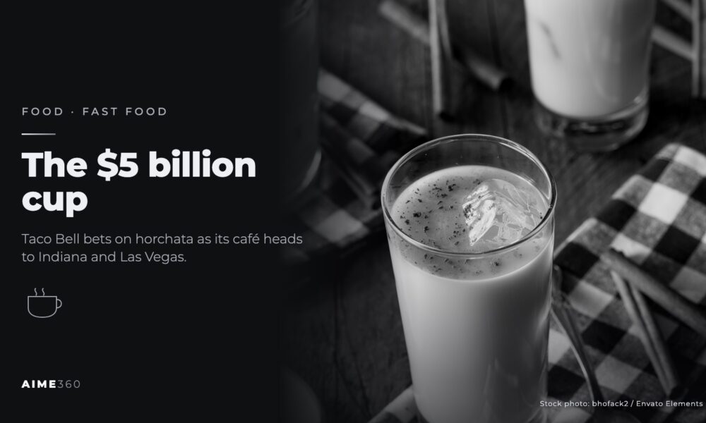 A glass of horchata with ice and cinnamon sticks, in black and white, beside the headline The $5 billion cup