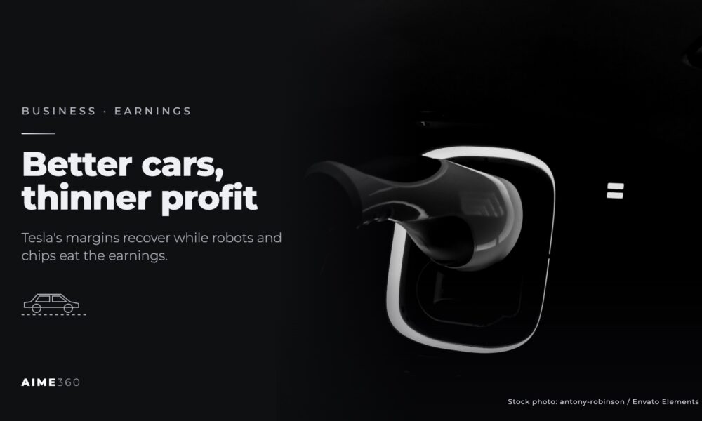 An electric car charging plug glowing in the dark, in black and white, beside the headline Better cars, thinner profit
