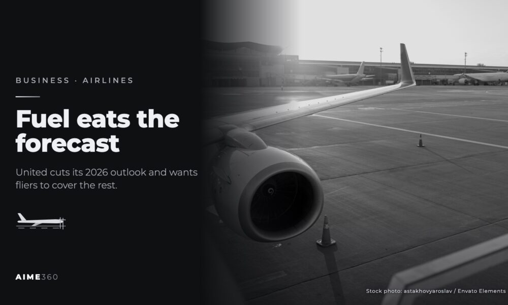 An airplane wing and engine on an airport apron, in black and white, beside the headline Fuel eats the forecast