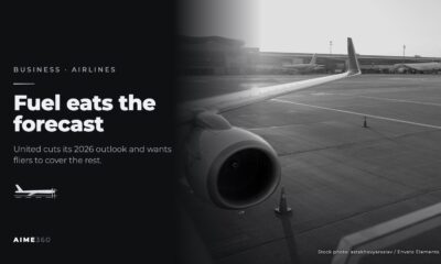 An airplane wing and engine on an airport apron, in black and white, beside the headline Fuel eats the forecast
