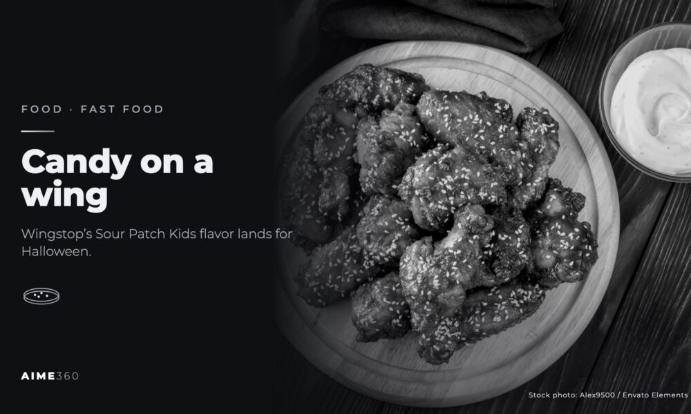 Glazed chicken wings on a wooden tray with dip, in black and white, beside the headline Candy on a wing