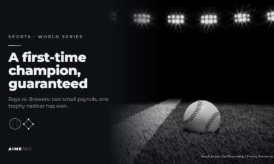 A baseball on a field under stadium lights, in black and white, next to the headline A first-time champion, guaranteed
